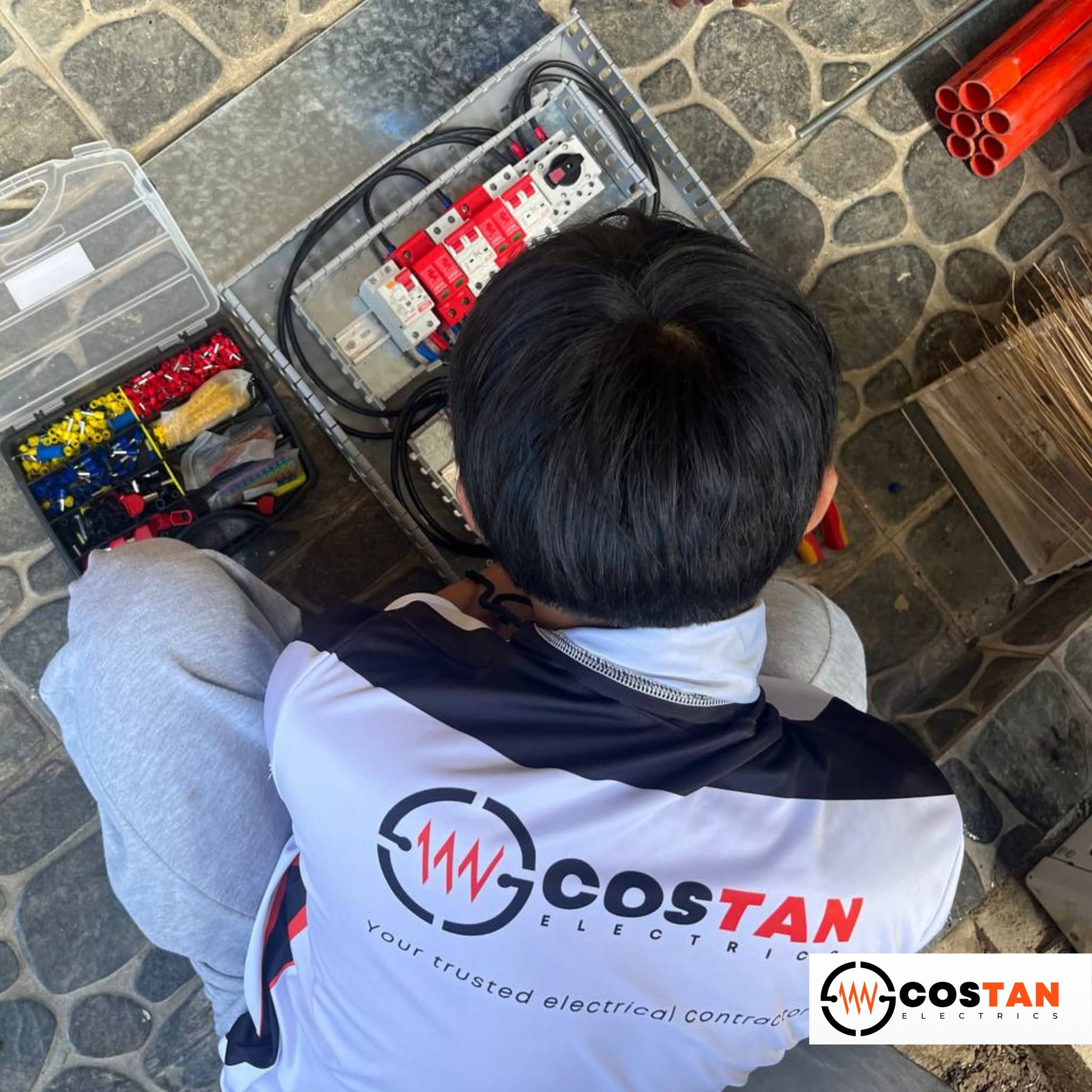 Close-up of clean electrical termination work inside the solar combiner panel by Costan Electrics in Baclayon, Bohol